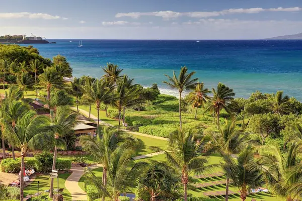 Panoramic view of the resort grounds and the ocean