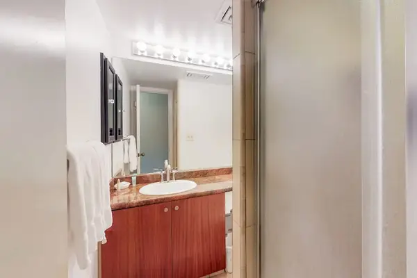 Bright bathroom vanity with practical storage space