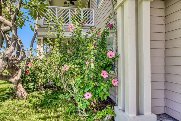 Tropical garden entrance adds colorful landscaping beside the resort home