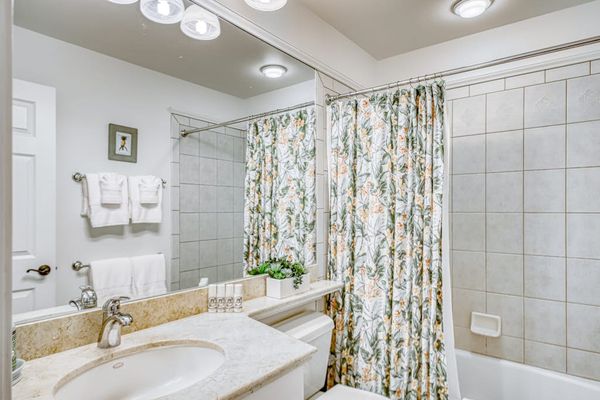 Bright bathroom with a shower and bathtub