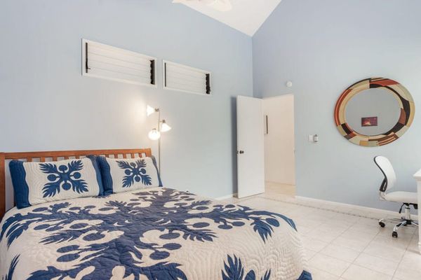 Bedroom features bed, bedding, artwork, windows, lamps, fan, and lighting