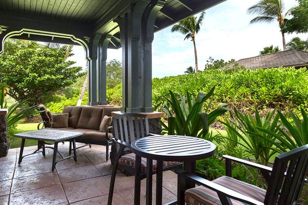 Covered Private Lanai with Outdoor Seating & Lush Garden Views