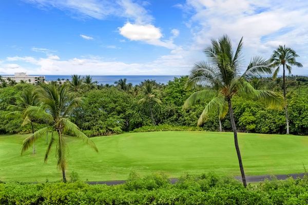 A peaceful and scenic landscape featuring rolling green lawns and palm trees