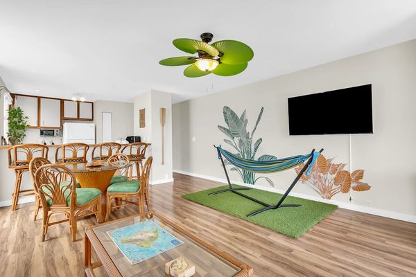 Open-Concept Living Area with Wall-Mounted Smart TV & Hammock
