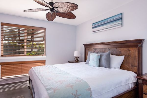 Guest room with king bed and a ceiling fan for complete comfort.