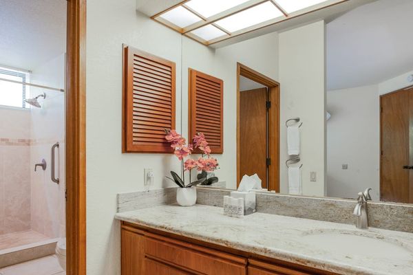 En-Suite Bathroom Vanity Area with Custom Wood Cabinetry
