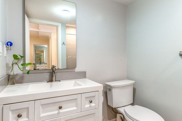 Clean Bathroom Vanity with White Cabinetry, Large Mirror, and Toilet
