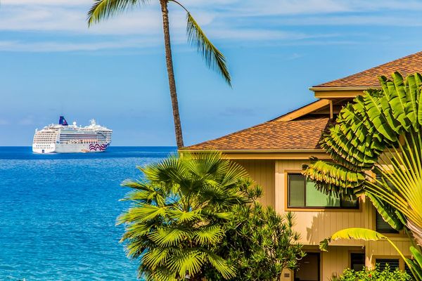 Tropical Resort Exterior with Fan Palms & Sweeping Ocean Vistas
