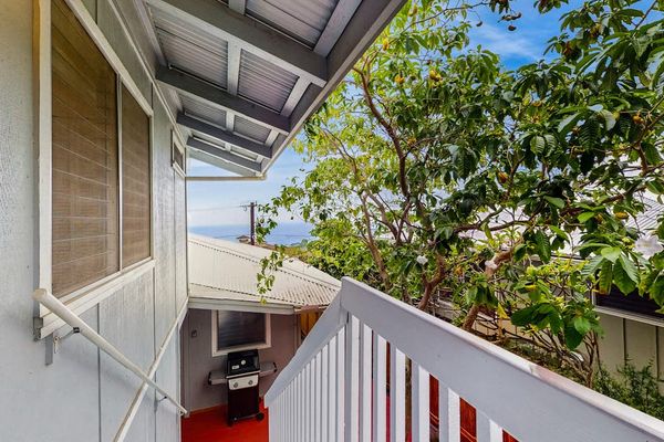 Side exterior walkway leads through landscaping beside the covered entrance