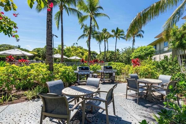 Outdoor patio overlooking the resort pool