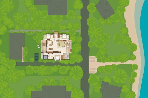 Property site plan illustrates buildings, pathways, gardens, and surrounding grounds