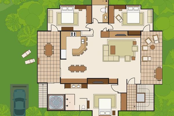 Detailed floor plan displays bedrooms, bathrooms, living spaces, and kitchen