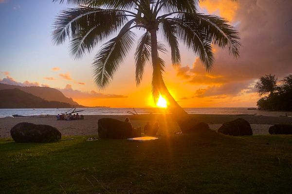 Palm-framed sunset creates a colorful evening backdrop across the grounds
