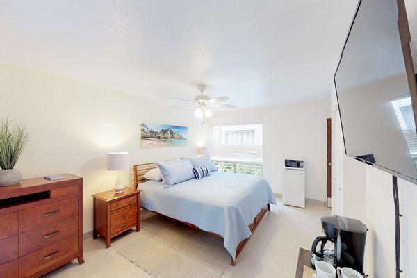 Queen bed with flat screen tv and ceiling fan for comfort.