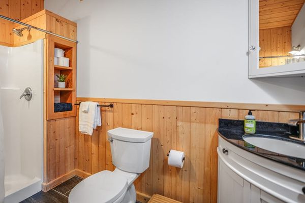 Bright bathroom with spacious vanity for getting ready