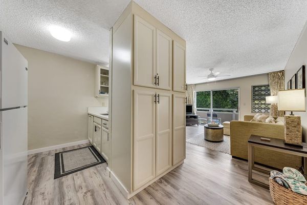 View from Kitchen Hallway Showing Storage Cabinets and Open Living Space