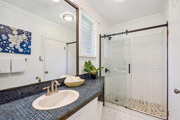 Master bedroom with large walk-in shower.