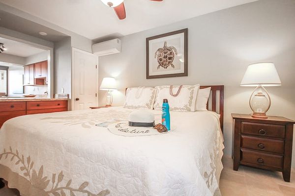 Master bathroom with king bed, flat screen tv and a ceiling fan.