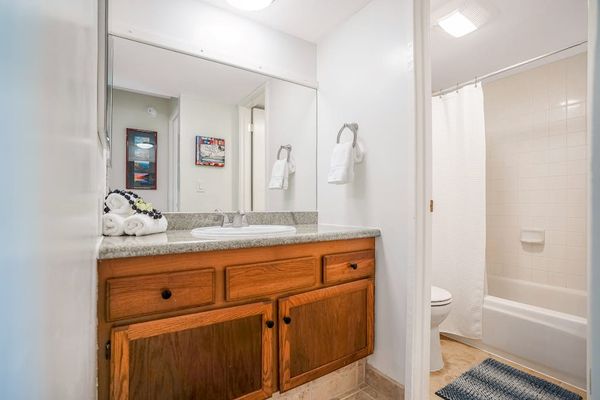 Bathroom vanity with ample counter space, large mirror, and warm wooden cabinetry