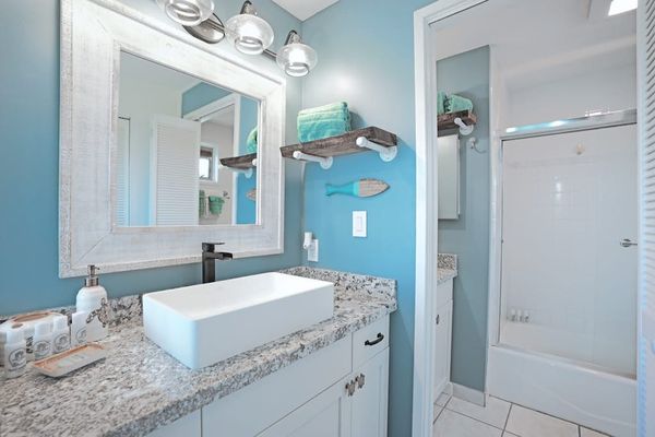 Master bathroom with tub/shower combo.