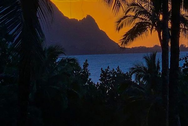 Sunset silhouettes jagged mountains beyond palms and calm ocean waters