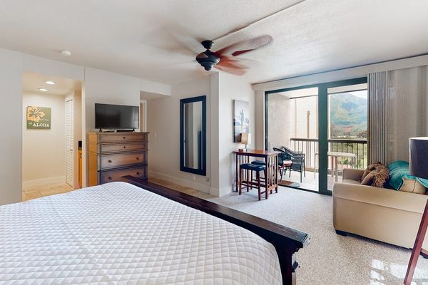 Studio features king bed, ceiling fan, and scenic balcony views