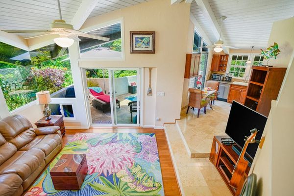 Aerial view of the living room from upstairs.