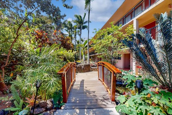 Peaceful courtyard with lush tropical gardens