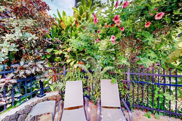 Quiet lounge area surrounded by tropical gardens