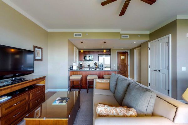 Cozy open concept living space with a sleeper sofa