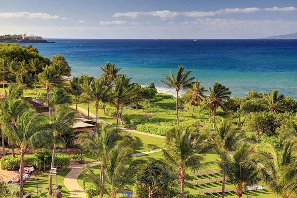 Panoramic view of the resort grounds and the ocean