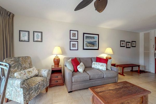 Living room featuring a brown sofa and a framed ocean scene.
