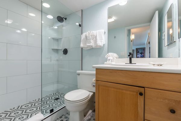 Newly remodeled bathroom with modern tiled walk-in shower.