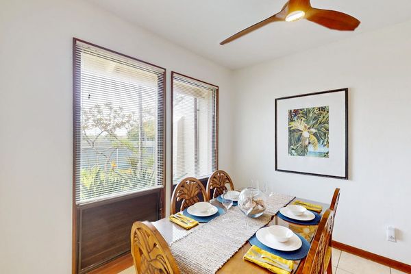 Bright dining space with peaceful garden views