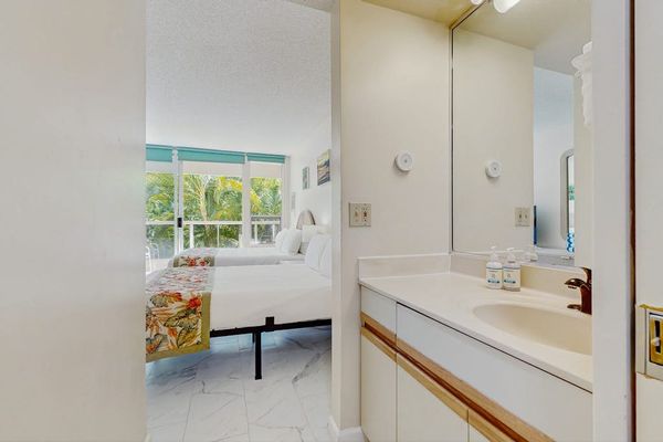 Bright bathroom vanity with convenient counter space