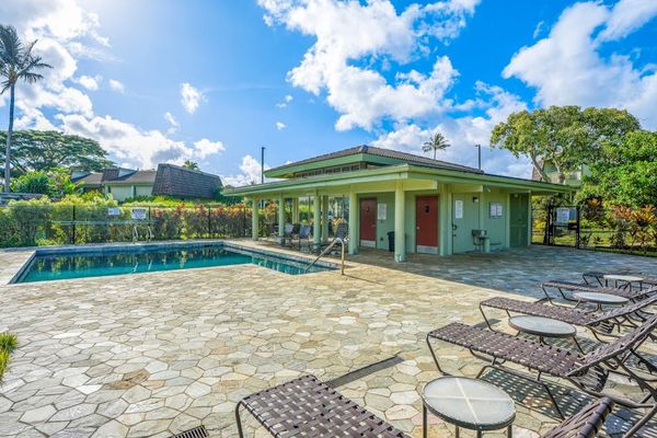 Outdoor pool provides comfortable seating and relaxation.