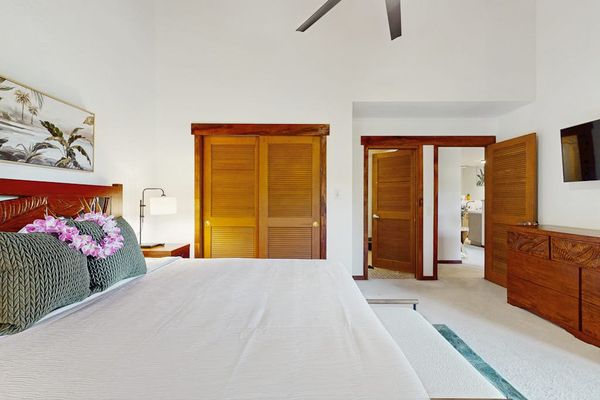 Bright Primary Bedroom With Vaulted Ceilings