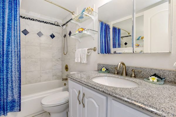 Bathroom with tub shower combo.