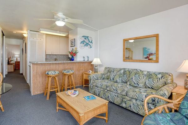 Open concept living room with sofa bed for guests.