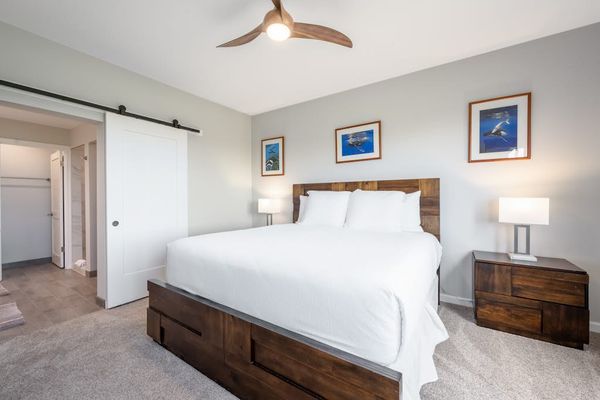 Comfortable bedroom with warm decor and plenty of natural light
