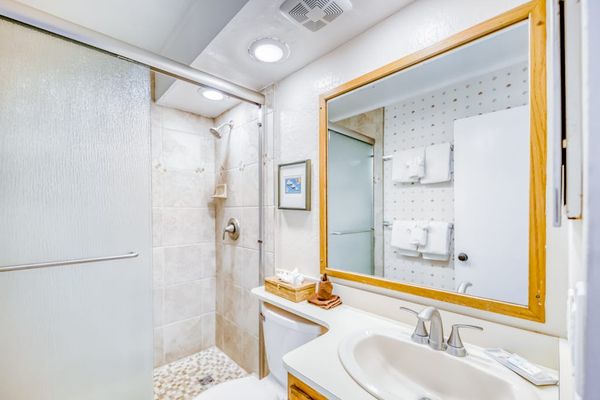 Guest bathroom with walk in shower.