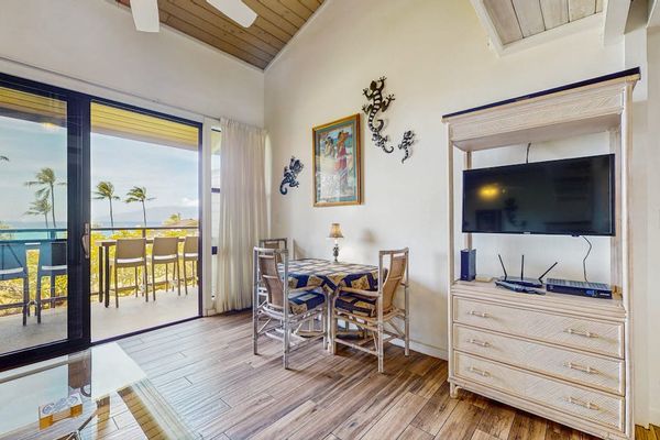Fully remodeled living room with a flat screen tv for relaxing in the evening.