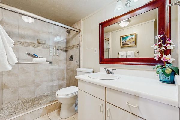 Primary bathroom walk in tiled shower.