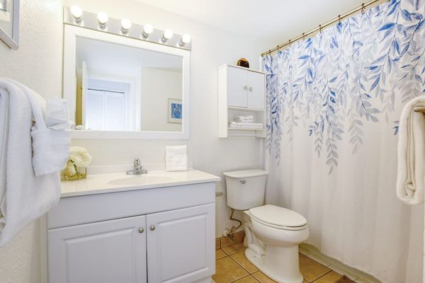 Guest bathroom with tub/shower combo.