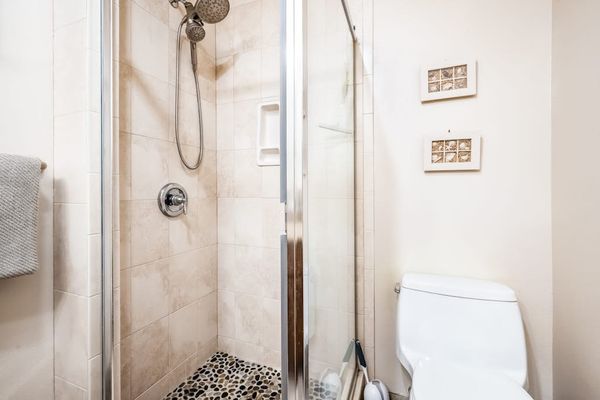 Full bathroom includes glass shower enclosure toilet and wall controls