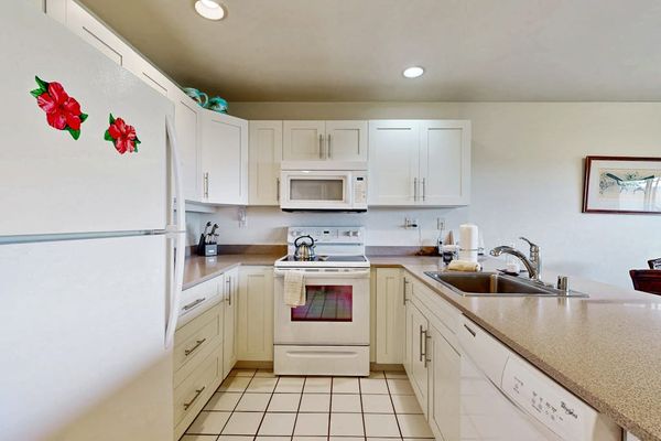 Galley kitchen counters support easy cooking beneath cheerful overhead lighting
