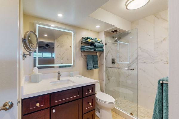 Bright, updated bathroom featuring a spacious tiled walk-in shower and modern finishes.