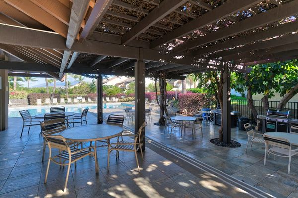 Shaded outdoor lounge for gathering