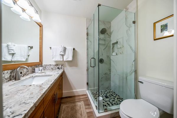 Bright bathroom vanity provides room for easy morning routines daily