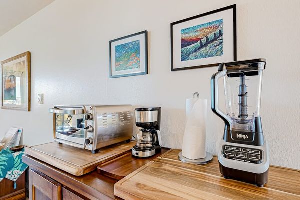 Kitchen area with toaster oven and Ninja Professional Blender